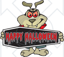 Royalty-Free (RF) Clipart Illustration of a Sparkey Dog Holding A Happy Halloween Coffin Sign