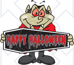 Royalty-Free (RF) Clipart Illustration of a Vampire Holding A Happy Halloween Coffin Sign