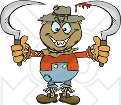 Royalty-Free (RF) Clipart Illustration of a Creepy Scarecrow Holding Bloody Scythes