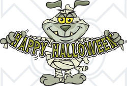 Royalty-Free (RF) Clipart Illustration of a Sparkey Dog Mummy Holdign A Happy Halloween Sign