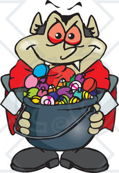 Royalty-Free (RF) Clipart Illustration of a Trick Or Treating Vampire Holding A Cauldron Full Of Halloween Candy
