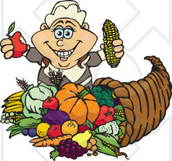 Royalty-Free (RF) Clipart Illustration of a Thanksgiving Pilgrim Woman Holding Corn And An Apple Over A Horn Of Plenty