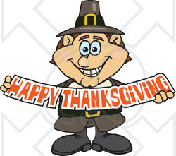 Royalty-Free (RF) Clipart Illustration of a Male Pilgrim Smiling And Holding A Happy Thanksgiving Banner
