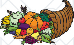 Royalty-Free (RF) Clipart Illustration of a Horn Of Plenty With Harvested Fruits And Veggies