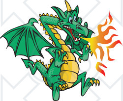 Royalty-Free (RF) Clipart Illustration of a Flying Green Fire Breathing Dragon
