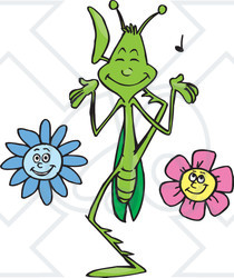 Royalty-Free (RF) Clipart Illustration of a Praying Mantis In A Flower Garden, Playing Music With His Legs