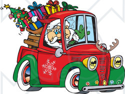 Royalty-Free (RF) Clipart Illustration of Santa Waving And Driving A Pickup Truck Sleigh