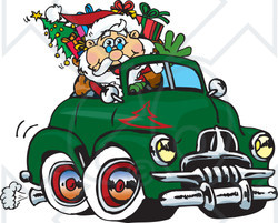 Royalty-Free (RF) Clipart Illustration of Santa Waving And Driving A Green Fj Holden Truck Sleigh