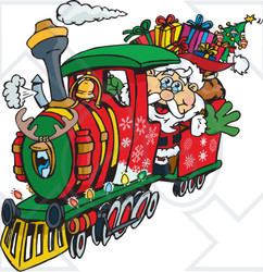 Royalty-Free (RF) Clipart Illustration of Santa Waving And Driving A Train Sleigh