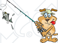 Royalty-Free (RF) Clipart Illustration of a Sparkey Dog Reeling In A Fish On A Line