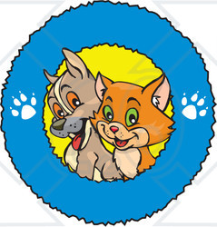 Royalty-Free (RF) Clipart Illustration of a Cute Puppy And Cat In A Blue Paw Print Ring Logo