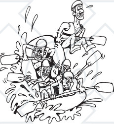 Royalty-Free (RF) Clipart Illustration of a Black And White Team Of White Water Rafters