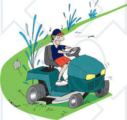 Royalty-Free (RF) Clipart Illustration of a Clueless Man Running Over Sprinklers While Riding A Lawn Mower