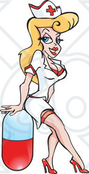 Royalty-Free (RF) Clipart Illustration of a Sexy Blond Nurse Sitting On A Pill