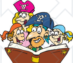 Royalty-Free (RF) Clipart Illustration of a Family Dressed As Pirates, Reading A Story Book