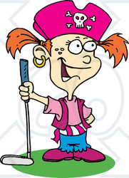 Royalty-Free (RF) Clipart Illustration of a Pirate Girl Golfing