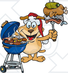 Royalty-Free (RF) Clipart Illustration of a Grilling Sparkey Dog Wearing A Santa Hat And Holding Food On A BBQ Fork