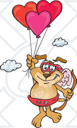 Royalty-Free (RF) Clipart Illustration of a Sparkey Dog Cupid Floating Away With Heart Balloons