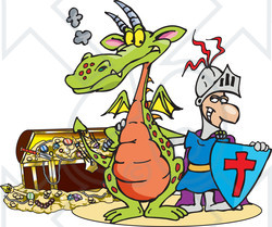 Royalty-Free (RF) Clipart Illustration of a Knight And Dragon Standing In Front Of A Treasure Chest