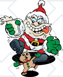 Royalty-Free (RF) Clipart Illustration of a Starving Santa Chasing A Gingerbread Cookie And Holding A Cup Of Milk