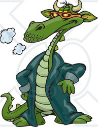 Royalty-Free (RF) Clipart Illustration of a Cool Green Dragon Wearing A Long Coat
