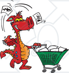 Royalty-Free (RF) Clipart Illustration of a Red Dragon Tossing Items In A Shopping Cart
