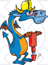 Royalty-Free (RF) Clipart Illustration of a Blue Construction Worker Dragon Using A Jackhammer