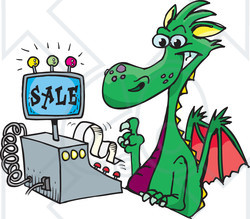 Royalty-Free (RF) Clipart Illustration of a Green Dragon Clerk Using A Cash Register
