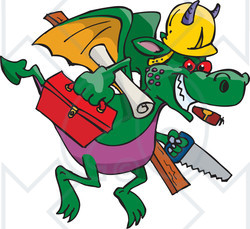 Royalty-Free (RF) Clipart Illustration of a Builder Dragon Flying With Tools