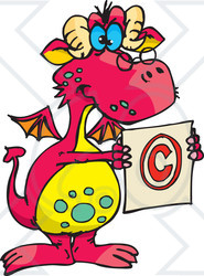 Royalty-Free (RF) Clipart Illustration of a Pink Stern Dragon Holding A Copyright Symbol