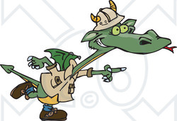 Royalty-Free (RF) Clipart Illustration of a Green Explorer Dragon Pointing To The Right