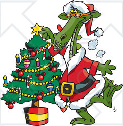 Royalty-Free (RF) Clipart Illustration of a Green Santa Dragon Decorating A Christmas Tree